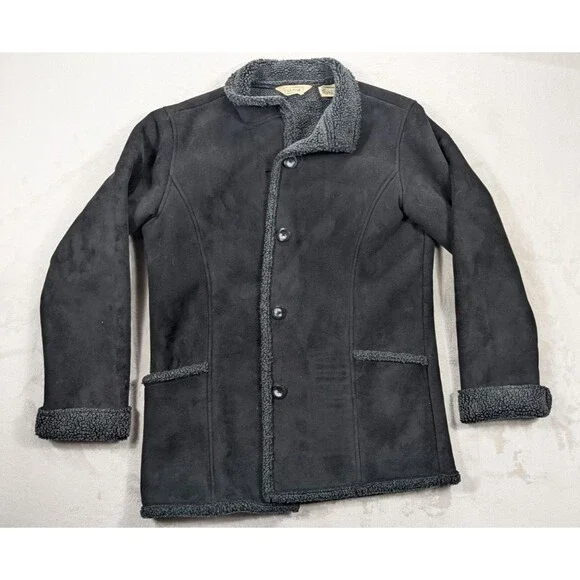LL Bean Women’s XS Faux Suede Sherpa Lined Coat Black Charcoal 0WL05 - Picture 1 of 11